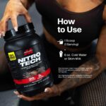 How to use MuscleTech Nitro-Tech whey protein powder. One scoop mixed with 6 oz cold water or skim milk to support muscle recovery and strength.