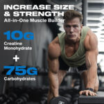 Athlete training in the gym with text overlay “Increase Size & Strength – All-in-One Muscle Builder.” MuscleTech Cell-Tech creatine formula provides 10g creatine monohydrate and 75g carbohydrates per 2-scoop serving, designed to support performance, recovery, and training results.