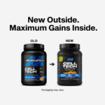 Side-by-side comparison of old and new MuscleTech Cell-Tech Creatine packaging with text overlay “New Outside. Maximum Gains Inside.” Both containers highlight 10g creatine monohydrate, 200mg alpha lipoic acid, and 75g carbohydrates per serving. Packaging may vary, but formula remains scientifically designed to support strength and recovery.