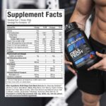 Supplement Facts label for MuscleTech Cell-Tech Creatine Fruit Punch flavor. Provides 10g creatine monohydrate, 200mg alpha lipoic acid, 75g carbohydrates, plus added amino acids including taurine, alanine, and BCAAs. Shown with athlete holding container in gym setting. Formula is designed to support strength, recovery, and performance. Packaging may vary.