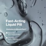 Graphic with liquid background and text overlay highlighting MuscleTech Clear Muscle as a fast-acting liquid pill with BetaTOR® HMB. Features include being backed by more than 15 clinical studies and designed to be effective for every fitness level. Exclusive to MuscleTech and formulated to support strength, recovery, and performance.