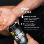 Usage directions for MuscleTech Clear Muscle Liquid HMB softgels. Recommended serving: 1 softgel, three times daily — ideally in the morning, mid-afternoon, and evening. On workout days, one serving may be taken before training. Do not exceed 3 servings (3 softgels) in a 24-hour period. Image shows open Clear Muscle bottle with softgels in hand.