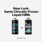 Side-by-side comparison of old and new MuscleTech Clear Muscle bottles with text overlay “New Look. Same Clinically Proven Liquid HMB.” Both bottles contain Clear Muscle softgels featuring BetaTOR® HMB, designed to support muscle strength, recovery, and performance. Packaging may vary.