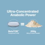 Graphic showing one Clear Muscle softgel with BetaTOR® compound compared to 200g of whey protein powder. Text overlay reads “Ultra-Concentrated Anabolic Power.” Visual emphasizes the concentrated delivery of HMB in Clear Muscle softgels, designed to support muscle strength, recovery, and performance.