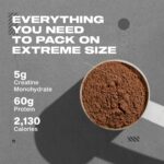 Top view of a scoop filled with Mass-Tech Extreme Triple Chocolate Brownie powder on a gray background. Text highlights 5g creatine monohydrate, 60g protein, and 2,130 calories per serving, emphasizing the complete mass-gaining formula designed for serious hardgainers.