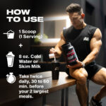 Person preparing a serving of MuscleTech Nitro-Tech Ripped protein supplement, scooping powder into a shaker bottle. Text instructions show how to use: mix one scoop with 8 oz. of cold water or skim milk, taken twice daily before meals.