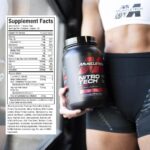 Person holding a container of MuscleTech Nitro-Tech Ripped protein powder with a displayed Supplement Facts panel showing nutrition details and Ripped+ Matrix ingredients. Represents lean protein and weight management support for active individuals.