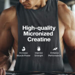 Athlete in gym wearing sleeveless shirt with text “High-quality Micronized Creatine.” Visual highlights key benefits of MuscleTech Platinum 100% Creatine Monohydrate, including increased muscle power, improved strength, and enhanced performance.