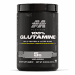 Front bottle of MuscleTech Platinum 100% Glutamine dietary supplement. Features 5 grams per serving of HPLC-tested, ultra-pure glutamine to support recovery and immune function. Unflavored formula with 60 servings, designed for athletes and active individuals seeking post-workout recovery support.