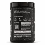 Back label of MuscleTech Platinum 100% Glutamine featuring key benefits such as enhanced muscle recovery, immune system support, ultra purity, and great mixability. Highlights scientific information on how glutamine supports energy production, replenishes plasma levels, and aids overall muscle metabolism and immune health.