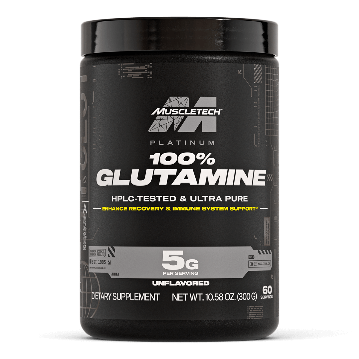 Front bottle of MuscleTech Platinum 100% Glutamine dietary supplement. Features 5 grams per serving of HPLC-tested, ultra-pure glutamine to support recovery and immune function. Unflavored formula with 60 servings, designed for athletes and active individuals seeking post-workout recovery support.