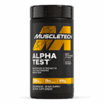 Front bottle of MuscleTech AlphaTest, a maximum-strength testosterone booster with 300mg fenugreek extract, 75mg longjack extract, and 100mg boron citrate. Designed to support testosterone levels, reduce estrogen, and enhance male performance.