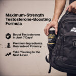 Lifestyle image showing MuscleTech AlphaTest testosterone booster being placed into a gym bag, with on-screen text highlighting key benefits including boosting testosterone in 7 days, premium ingredients with guaranteed potency, and advanced performance support.