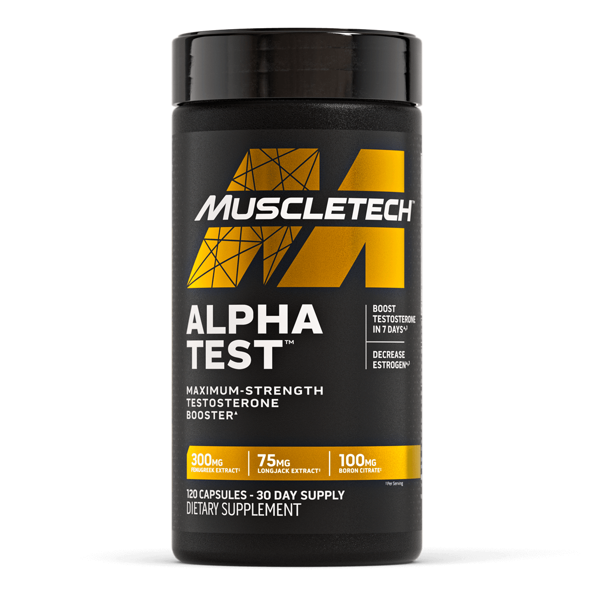 Front bottle of MuscleTech AlphaTest, a maximum-strength testosterone booster with 300mg fenugreek extract, 75mg longjack extract, and 100mg boron citrate. Designed to support testosterone levels, reduce estrogen, and enhance male performance.