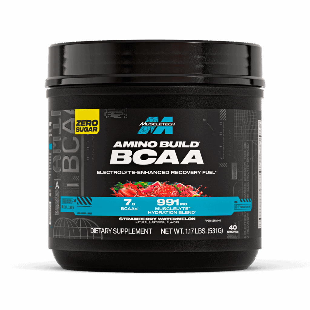 Front bottle of MuscleTech Amino Build BCAA in Strawberry Watermelon flavor. Features 7g BCAAs and 991mg MusclElyte Hydration Blend per serving with zero sugar. Designed to enhance recovery, muscle endurance, and hydration during training.