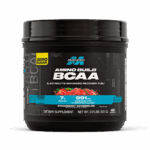 Front bottle of MuscleTech Amino Build BCAA in Strawberry Watermelon flavor. Features 7g BCAAs and 991mg MusclElyte Hydration Blend per serving with zero sugar. Designed to enhance recovery, muscle endurance, and hydration during training.