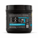Left label of MuscleTech Amino Build BCAA highlighting science-driven recovery and performance benefits. Features icons for boosting strength, replenishing electrolytes, enhancing endurance, and supporting recovery. Includes university research showing a 40% increase in strength and commitment to scientific research.