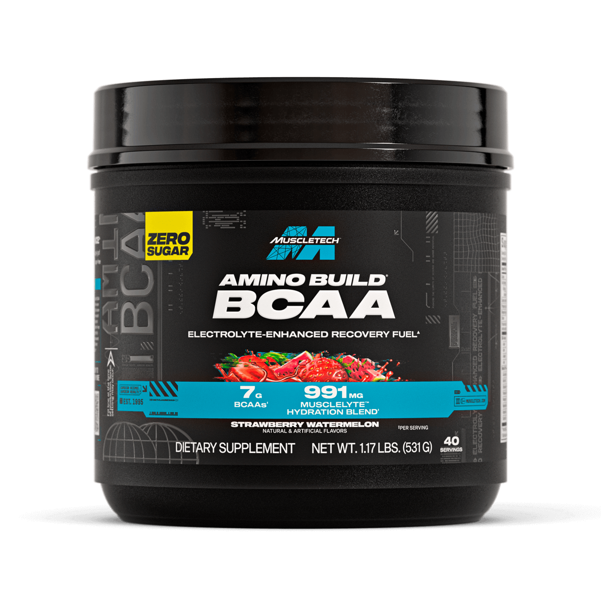 Front bottle of MuscleTech Amino Build BCAA in Strawberry Watermelon flavor. Features 7g BCAAs and 991mg MusclElyte Hydration Blend per serving with zero sugar. Designed to enhance recovery, muscle endurance, and hydration during training.