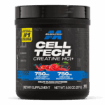 MuscleTech Cell-Tech Creactor supplement container featuring 750mg CON-CRÉT creatine HCl and 750mg creatine monohydrate per serving. Shown in Fruit Punch Extreme flavor, formulated to support muscle performance and strength.