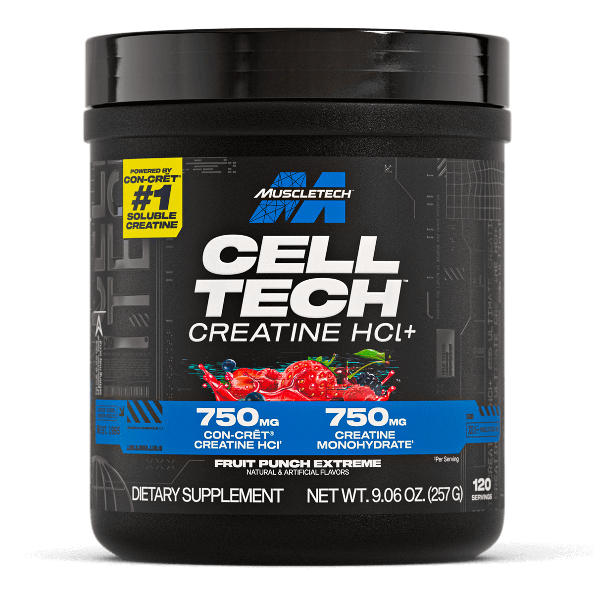 MuscleTech Cell-Tech Creactor supplement container featuring 750mg CON-CRÉT creatine HCl and 750mg creatine monohydrate per serving. Shown in Fruit Punch Extreme flavor, formulated to support muscle performance and strength.