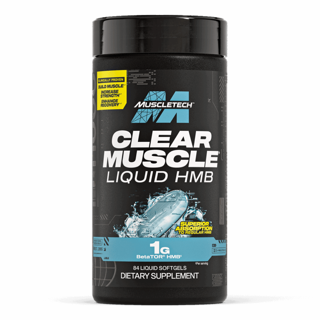 Front view of MuscleTech Clear Muscle Liquid HMB supplement bottle. Each serving provides 1g of BetaTOR® HMB in a liquid softgel format for superior absorption compared to regular HMB. Bottle contains 84 softgels, designed to support strength, muscle recovery, and performance.