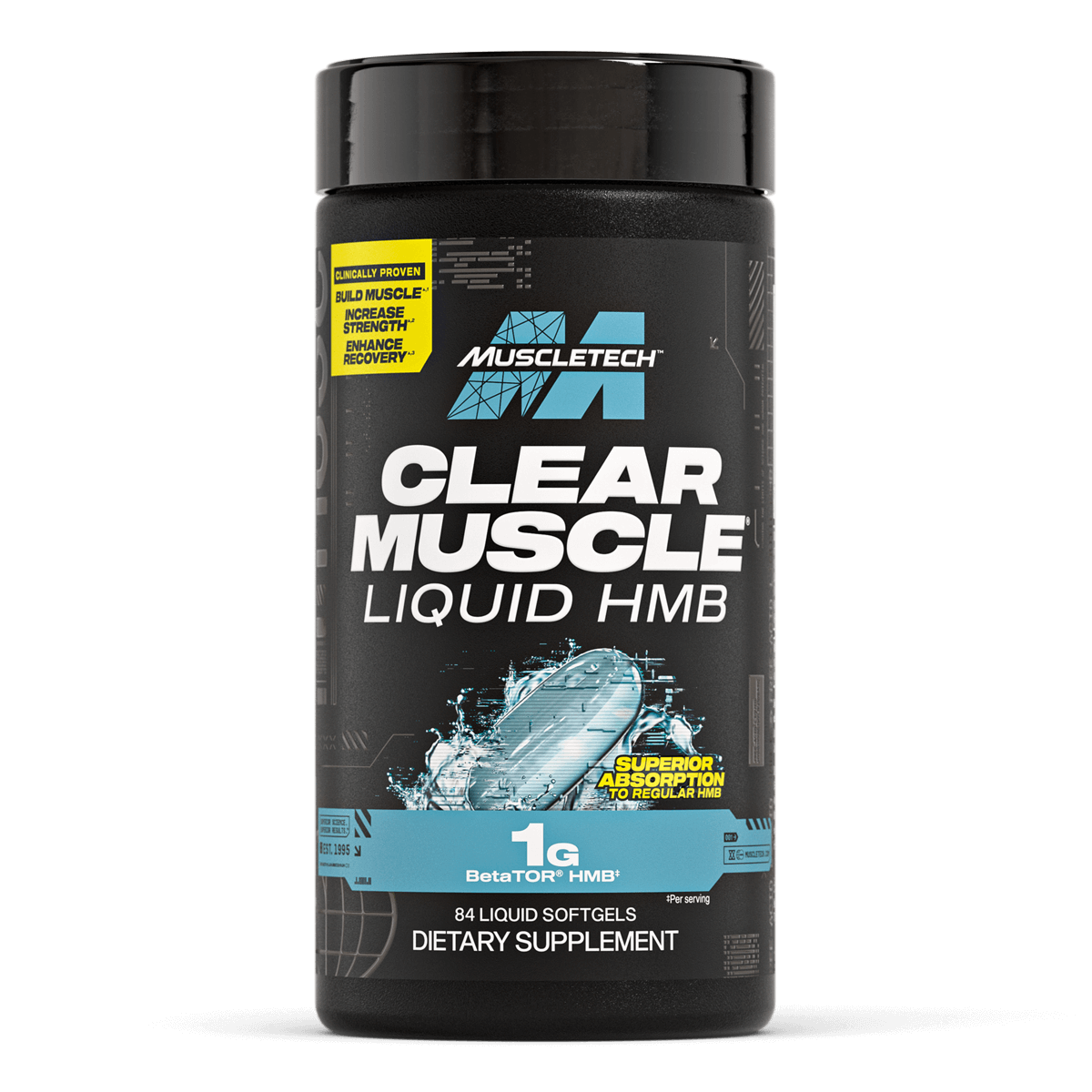 Front view of MuscleTech Clear Muscle Liquid HMB supplement bottle. Each serving provides 1g of BetaTOR® HMB in a liquid softgel format for superior absorption compared to regular HMB. Bottle contains 84 softgels, designed to support strength, muscle recovery, and performance.