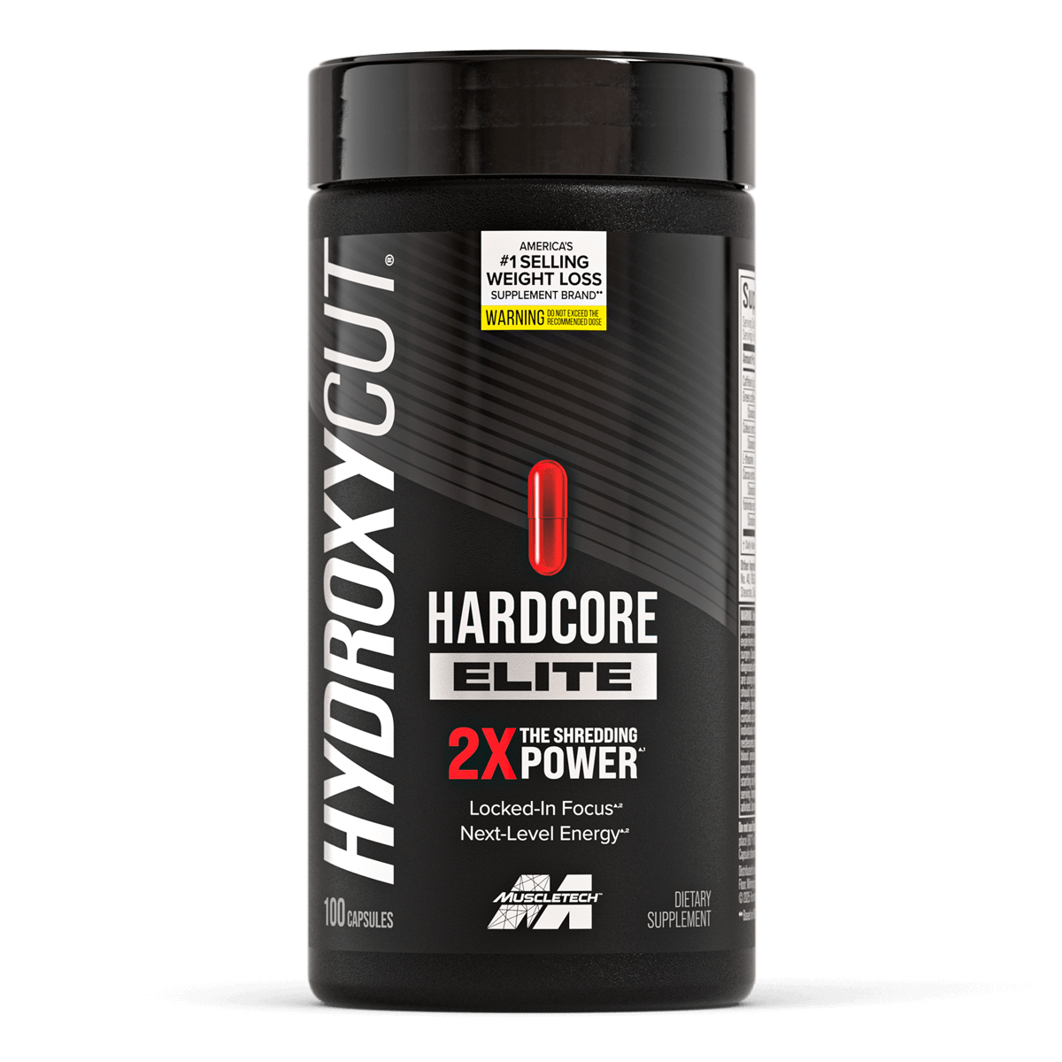Front bottle of MuscleTech Hydroxycut Hardcore Elite, a thermogenic weight loss and energy supplement. Features bold red capsule graphic and callouts for “2X the Shredding Power,” “Locked-In Focus,” and “Next-Level Energy.” Includes branding with MuscleTech logo and label claims as America’s #1 selling weight loss supplement brand.