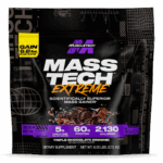 Front packaging of MuscleTech Mass-Tech Extreme mass gainer, featuring 60g of protein, 5g of creatine monohydrate, and 2,130 calories per serving. Shown in Triple Chocolate Brownie flavor, scientifically designed to support muscle size, recovery, and strength.