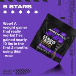 Graphic featuring a 5-star customer review for MuscleTech Mass-Tech Extreme 2000 in Triple Chocolate Brownie flavor. The review from Morgan reads: “Wow! A weight gainer that really works! I’ve gained nearly 10 lbs in the first 2 months using this!” The image showcases the product pouch with bold purple and black MuscleTech branding.