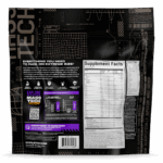 Back of MuscleTech Mass-Tech Extreme mass gainer package showing supplement facts, amino acid profile, and benefits including muscle growth, recovery support, clean calories, and legendary taste. Includes clinical study graph showing 6.8 lbs of muscle gained in 60 days.