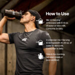 Lifestyle image showing an athlete drinking a MuscleTech Mass-Tech Extreme shake with usage instructions. Text highlights include mixing 3 scoops with 8–10 oz of water or milk twice daily, or 6 scoops once daily, ideally in the morning, between meals, or post-workout for muscle gain and recovery.