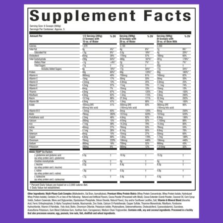Supplement Facts panel for MuscleTech Mass-Tech Extreme 2000 in Triple Chocolate Brownie flavor. Displays nutritional values per serving, including 2,130 calories, 60g protein, 5g creatine monohydrate, and essential vitamins and minerals. Also details the Multi-Phase Carb Complex, Premium Whey Protein Matrix, and MASS-TECH Co-Factors for muscle recovery, mass gain, and strength support.