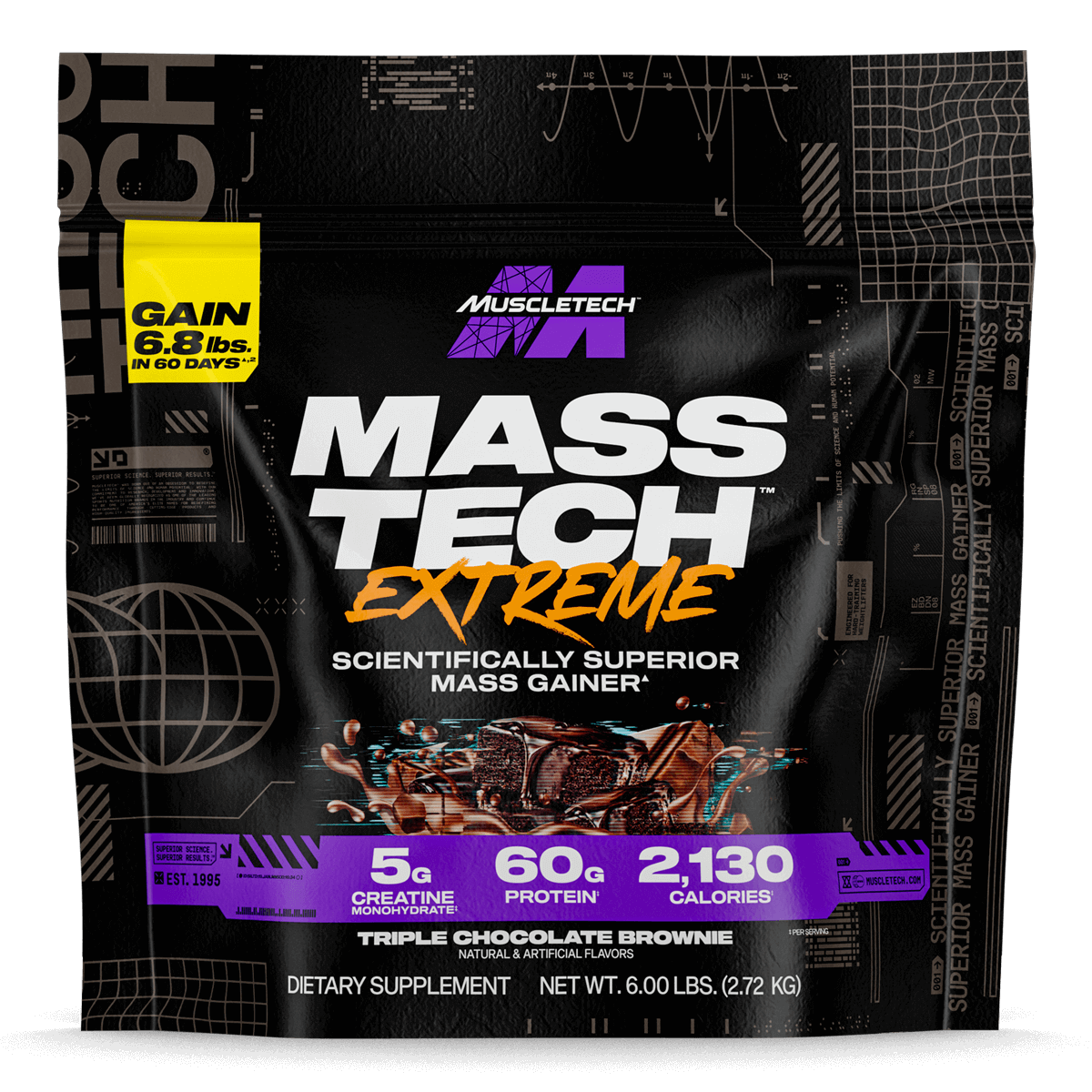 Front packaging of MuscleTech Mass-Tech Extreme mass gainer, featuring 60g of protein, 5g of creatine monohydrate, and 2,130 calories per serving. Shown in Triple Chocolate Brownie flavor, scientifically designed to support muscle size, recovery, and strength.