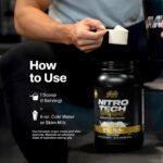 How to use MuscleTech Nitro-Tech Whey Gold protein powder. Mix 1 scoop (24g protein, 5.4g BCAAs) with 6 oz. cold water or skim milk. Recommended between major meals and after exercise for muscle recovery and strength support.