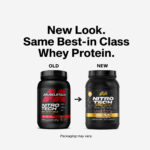 Comparison of old and new MuscleTech Nitro-Tech 100% Whey Gold packaging. Updated design with the same best-in-class whey protein formula featuring 24g protein and 5.4g BCAAs per serving.