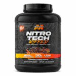 MuscleTech Nitro-Tech Ripped protein supplement container in Chocolate Fudge Brownie flavor. Features 30g of protein, 820mg Ripped+ Matrix, and a low-fat formula designed to support lean muscle and weight management goals.
