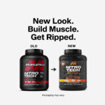 Side-by-side comparison of old and new MuscleTech Nitro-Tech Ripped packaging with text “New Look. Build Muscle. Get Ripped.” Highlights updated design while maintaining the same lean protein and weight management formula.