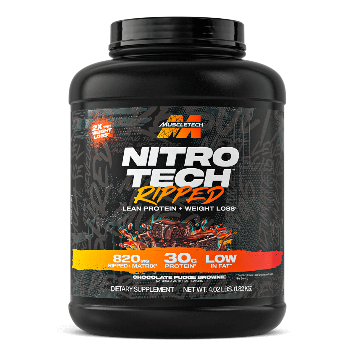 MuscleTech Nitro-Tech Ripped protein supplement container in Chocolate Fudge Brownie flavor. Features 30g of protein, 820mg Ripped+ Matrix, and a low-fat formula designed to support lean muscle and weight management goals.