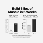 Clinical research graphic showing results from MuscleTech Platinum 100% Creatine Monohydrate study. Illustrates average 5.87 lbs. lean muscle gain in 6 weeks and 18.6% increase in bench press strength after 10 days compared to placebo group.