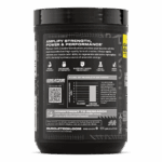 Side panel of MuscleTech Platinum 100% Creatine Monohydrate container showing key benefits and research overview. Highlights support for muscle strength, power, and recovery with icons for performance benefits, QR code, and chart illustrating clinical research results on creatine supplementation.