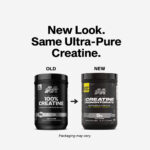Side-by-side comparison showing old and new packaging of MuscleTech Platinum 100% Creatine Monohydrate with headline “New Look. Same Ultra-Pure Creatine.” Highlights updated label design while formula remains unchanged.