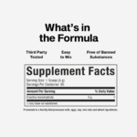 Graphic showing the MuscleTech Platinum 100% Creatine Monohydrate Supplement Facts panel with one serving of 5g creatine monohydrate per scoop. Includes text highlighting third-party testing, easy mixing, and being free of banned substances.
