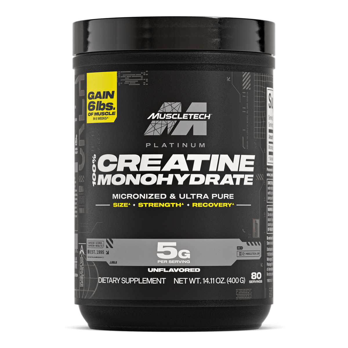 MuscleTech Platinum 100% Creatine Monohydrate supplement shown in a 400g container. Features 5g of micronized creatine per serving to support muscle strength, size, and recovery. Unflavored powder formula designed for consistent training performance.
