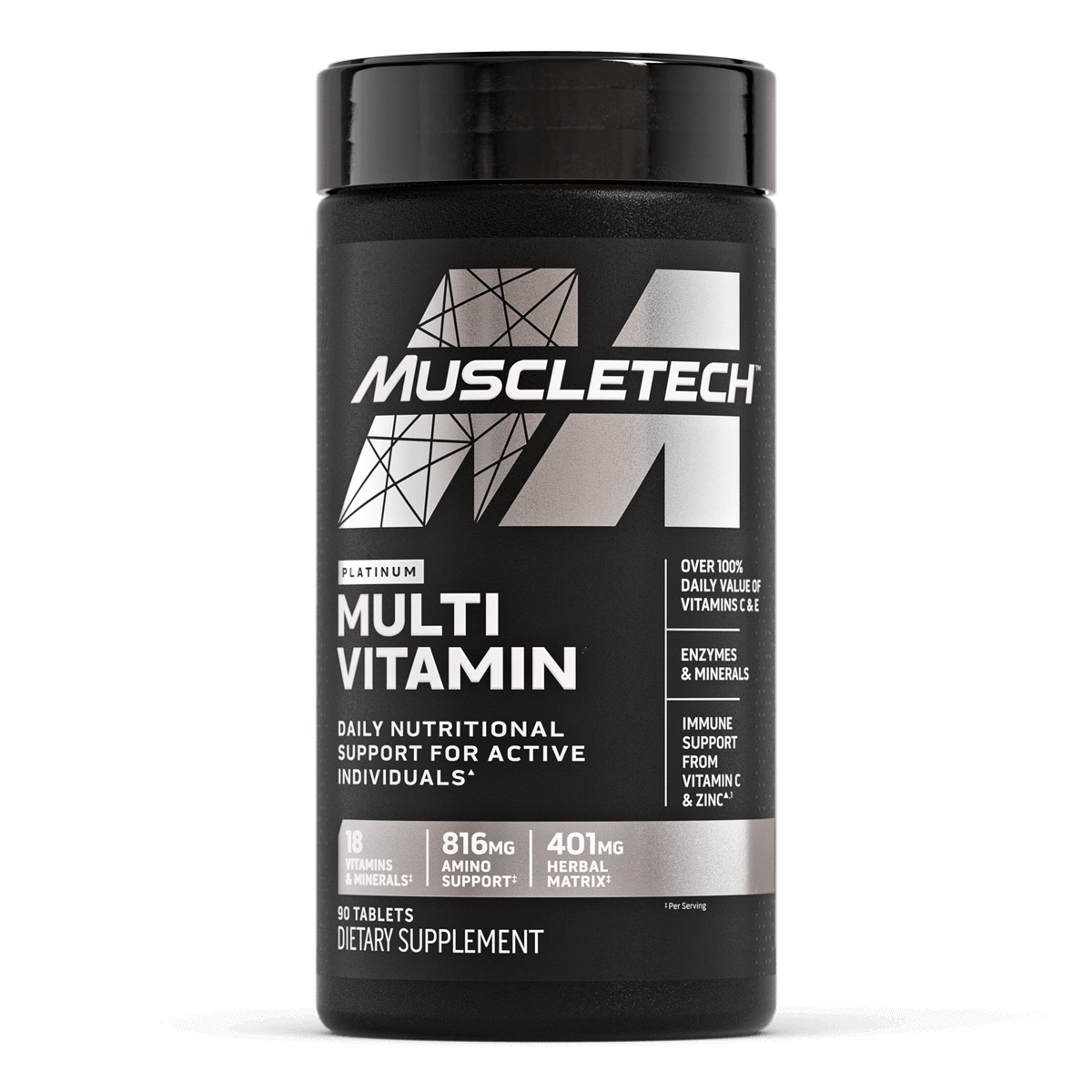 MuscleTech Platinum Multivitamin supplement bottle containing 90 tablets. Formulated with 18 vitamins and minerals, amino and herbal support blends to help active individuals meet daily nutritional needs.