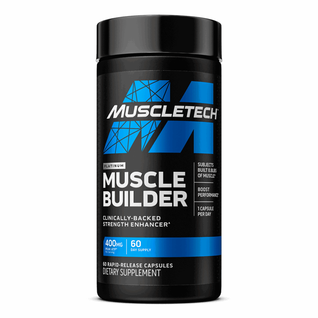 MuscleTech Platinum Muscle Builder supplement container featuring 400mg Peak ATP per serving. Formulated as a clinically backed strength enhancer to support performance and muscle building, providing a 60-day supply of rapid-release capsules.