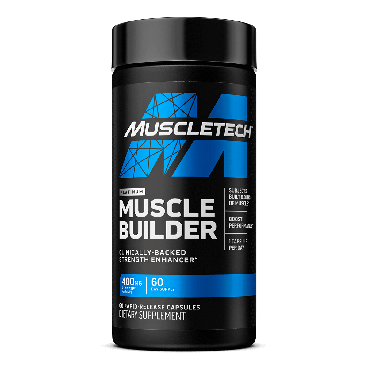 MuscleTech Platinum Muscle Builder supplement container featuring 400mg Peak ATP per serving. Formulated as a clinically backed strength enhancer to support performance and muscle building, providing a 60-day supply of rapid-release capsules.