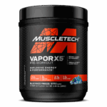 Front product image of MuscleTech Vapor X5 Pre-Workout in Blue Razz Freeze flavor. Features key callouts including 3.2g beta-alanine, 3g creatine monohydrate, 2.5g betaine, and 1.5g Nitrosigine®. Designed to deliver explosive energy, enhanced performance, and muscle strength support.