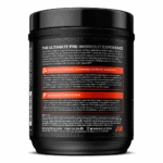 Back label of MuscleTech Vapor X5 Pre-Workout highlighting key benefits and performance claims. Text sections emphasize scientifically validated ingredients like creatine monohydrate for muscle building, Nitrosigine® and taurine for energy and focus, and betaine for improved strength and endurance. Includes usage directions for one- and two-scoop servings.