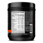 Supplement Facts panel for MuscleTech Vapor X5 pre-workout formula showing 1-scoop and 2-scoop servings. Key ingredients include 1.25g creatine monohydrate, 1.5g beta-alanine, 200mg caffeine anhydrous, 200mg Nitrosigine® inositol-stabilized arginine silicate, taurine, choline bitartrate, and Yohimbe extract. Also lists vitamin C, niacin, and sodium for performance, energy, and focus support.