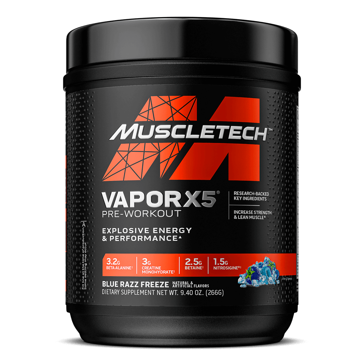 Front product image of MuscleTech Vapor X5 Pre-Workout in Blue Razz Freeze flavor. Features key callouts including 3.2g beta-alanine, 3g creatine monohydrate, 2.5g betaine, and 1.5g Nitrosigine®. Designed to deliver explosive energy, enhanced performance, and muscle strength support.